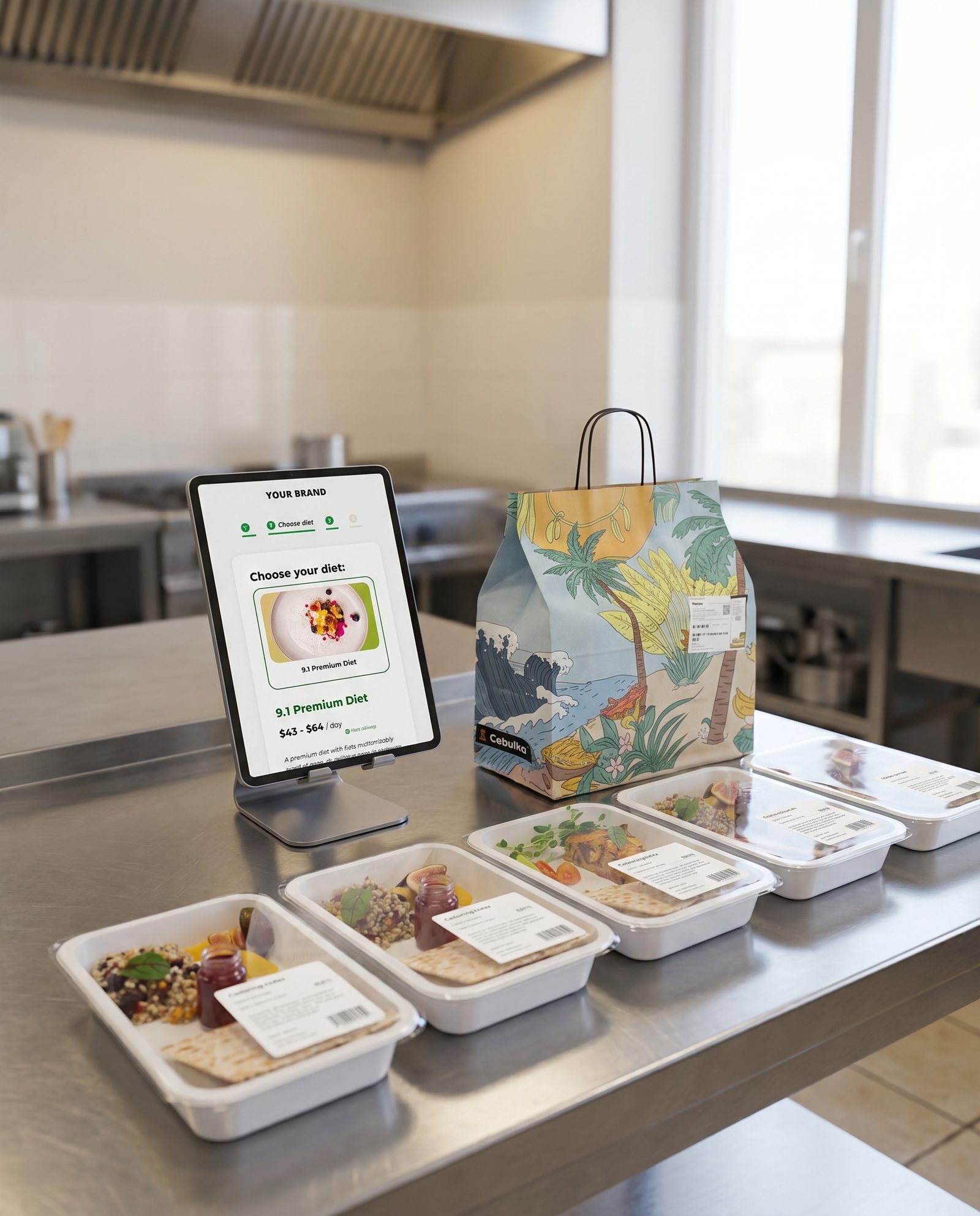 A tablet showing Flambia's branded meal-ordering screen beside a packed Cebulka delivery bag and a row of labelled catering meal trays on a kitchen prep table