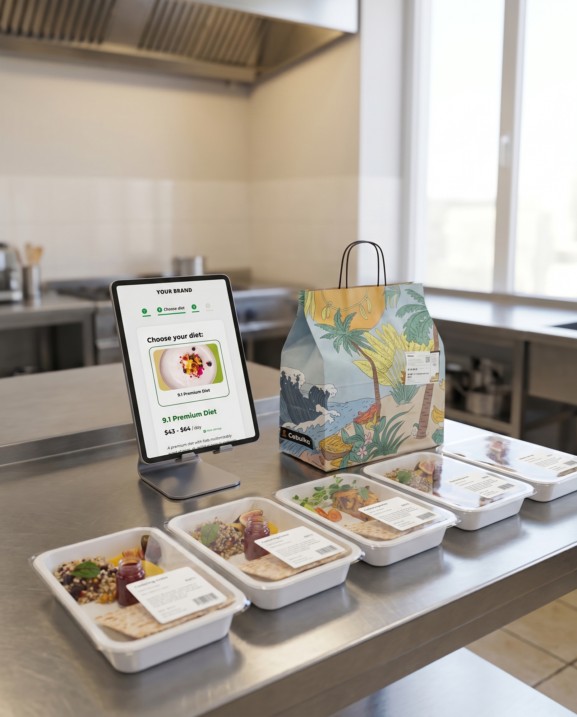 A tablet showing Flambia's branded meal-ordering screen beside a packed Cebulka delivery bag and a row of labelled catering meal trays on a kitchen prep table