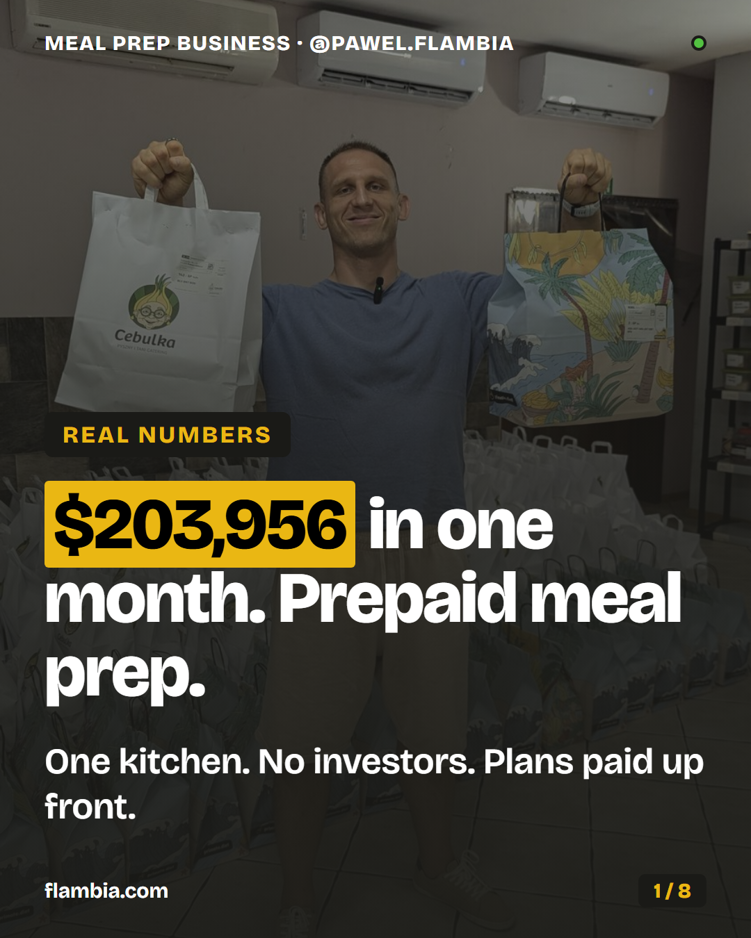 Instagram post: $203,956 in one month — prepaid meal prep, one kitchen