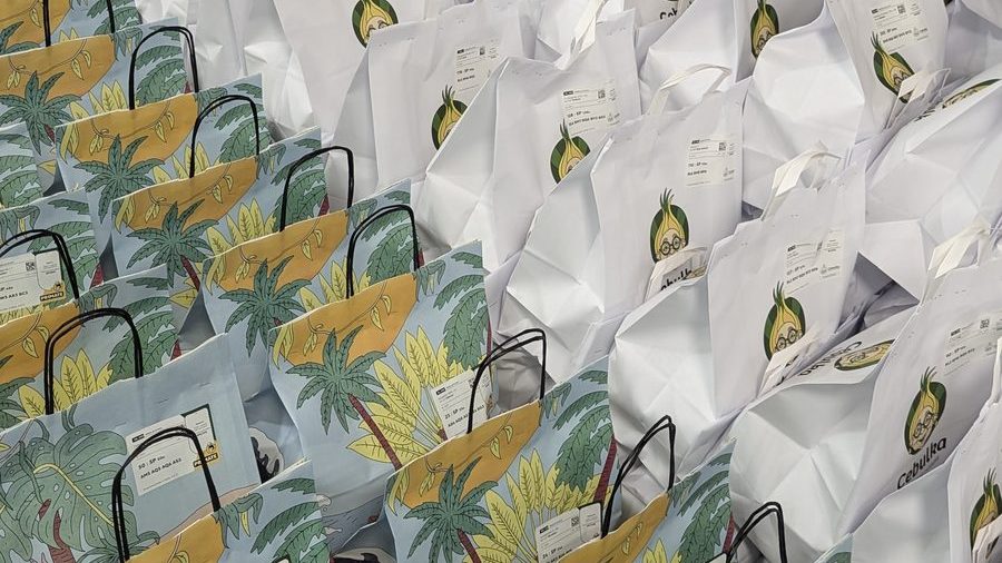 Rows of labelled meal delivery bags packed for the morning route